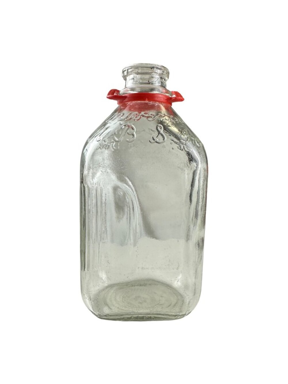 Vintage Glass Milk Bottle With Red Handle - Embossed Script Design - 10 Inches T